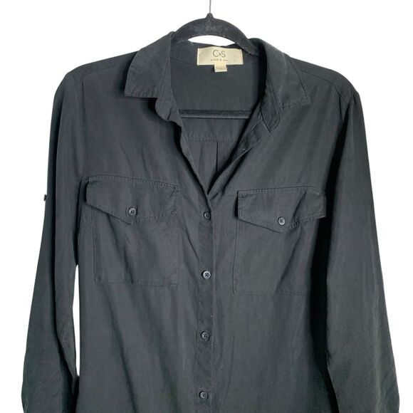 Cloth & Stone Midi Shirt Dress Frayed Hem Pockets Button Up Long Sleeve Black S - Picture 7 of 15